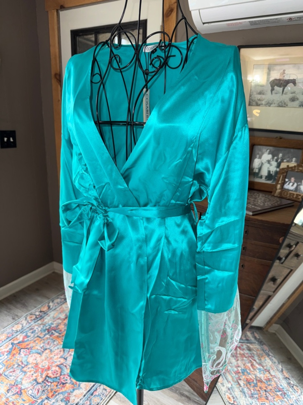 Cosabella Turquoise 100% Silk Short Robe with Embroidered Sheer Cuffs - Picture 3 of 5